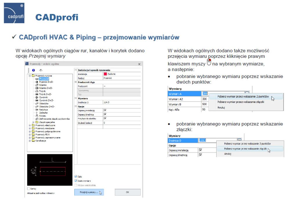 CADprofi HVAC & Piping - przejmowanie wymiarów